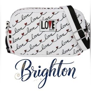 Brighton Love Scroll Canvas White/Black/Red Hearts Double Zip Crossbody Bag, NWT